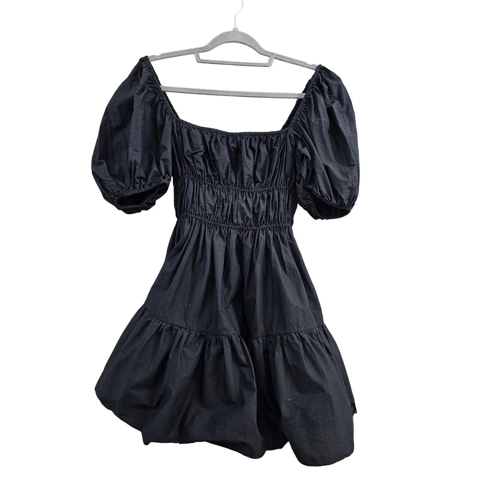 Matteau Organic Cotton Mini Dress Wmns 6 Black Puff Sleeve Shirred Tiered Skirt